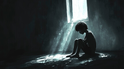 Obraz premium Child abuse and mistreatment, social problems, boy in a corner of a house. Feeling of anguish and restlessness. Problems in the family. Violence against minors. Ai generative