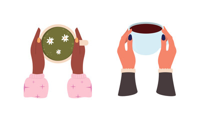 Hands with hot drink cups. Beverages ceramic mugs