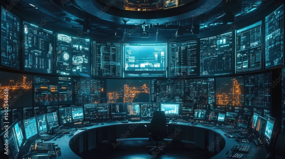 Poster a control room filled with screens monitoring global telecommunications networks, with real-time dat