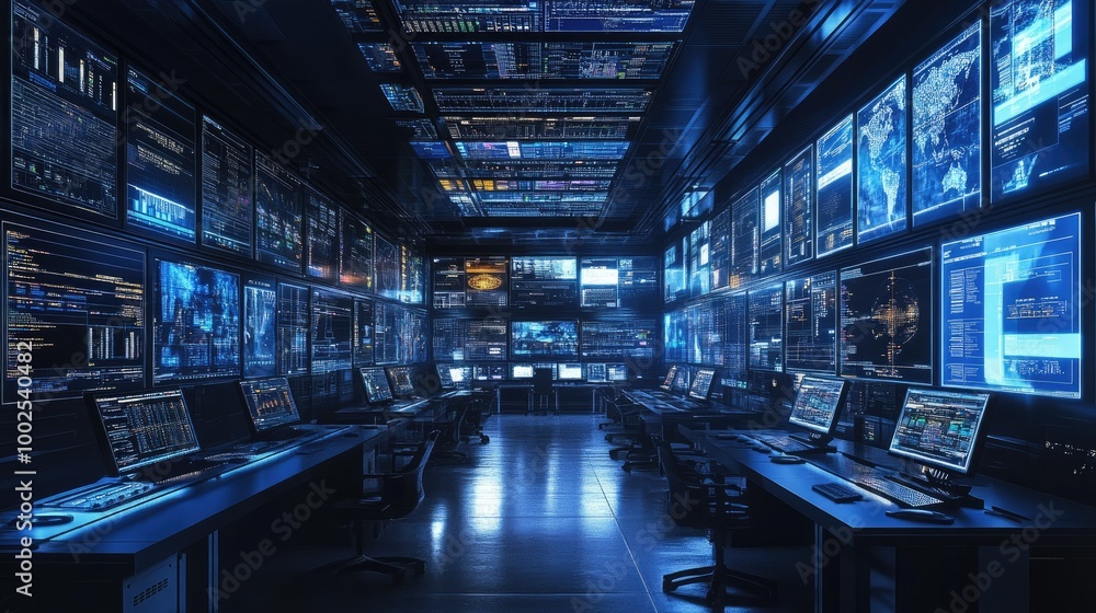 Poster a control room filled with screens monitoring global telecommunications networks, with real-time dat