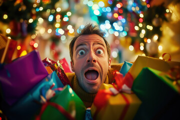 Man feeling stressed and overwhelmed, surrounded by colorful christmas gifts under the christmas tree lights