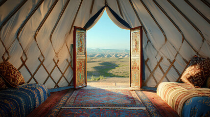 Obraz premium the interior of a cozy yurt with ornate rugs and cushions, framing a view of the expansive Xinjiang landscape through the open door
