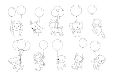 Outline cute animals with balloons collection. Line hand drawn illustrations set for coloring book