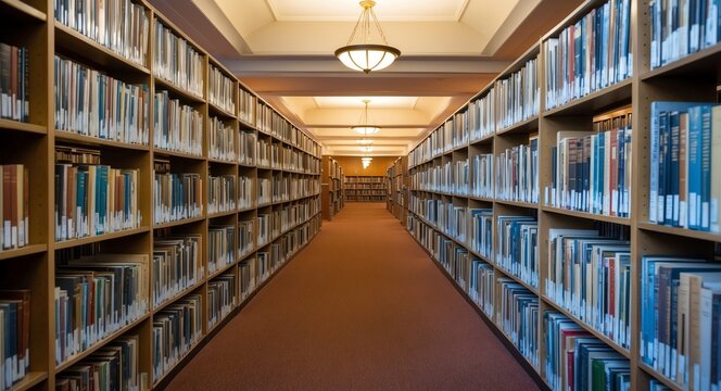 Long library hallway with rows of books neatly organized fading into the distance under warm inviting lights