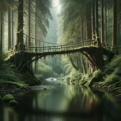 Fototapeta premium A serene forest scene featuring a wooden bridge over a calm river, with trees towering above. The moss-covered structure adds a sense of timeless beauty, perfect for nature lovers and tranquility