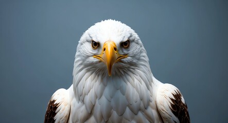 Obraz premium Lustrous white eagle figure on a muted blue background staring directly at the viewer