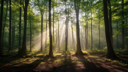 A dense forest in the early morning, with sunlight streaming through the trees, casting long shadows on the misty forest floor.