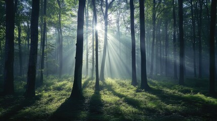 Obraz premium A dense forest in the early morning, with sunlight streaming through the trees, casting long shadows on the misty forest floor.