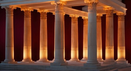 Fototapeta premium Majestic Greek columns bathed in warm amber lighting on a rich burgundy backdrop