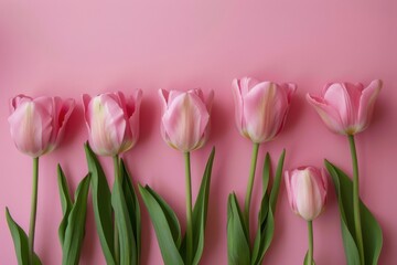 Fototapeta premium Pink Tulips on Pink Background: Elegant Spring Floral Arrangement for Vibrant and Nature-Inspired Decor