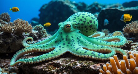 Mottled green octopus camouflaging on a rocky ocean floor surrounded by coral and fish