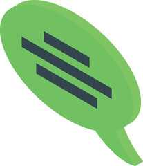 This isometric icon features a green chat bubble with three horizontal lines, symbolizing a loading or processing state in a digital conversation