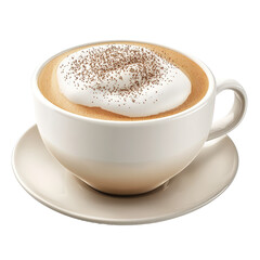 Fototapeta premium Delicious cappuccino served in a white cup, topped with frothy cream and cocoa dust, perfect for coffee lovers and cafe settings., isolated on a transparent background.