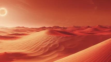 Fototapeten Desert. Martian landscape with red dunes, Martian landscape with a bright yellow shadow on the horizon © Rick Cranches