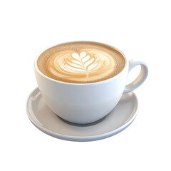 Delicious latte in a white cup, beautifully crafted with intricate coffee art on top, perfect for any coffee lover's collection., isolated on a transparent background.