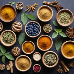 Assorted spices and herbs in bowls, vibrant colors, natural background, with copy space
