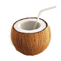 Fresh coconut drink with a straw, ideal for tropical themes, summer parties, and refreshing beverage ideas., isolated on a transparent background.