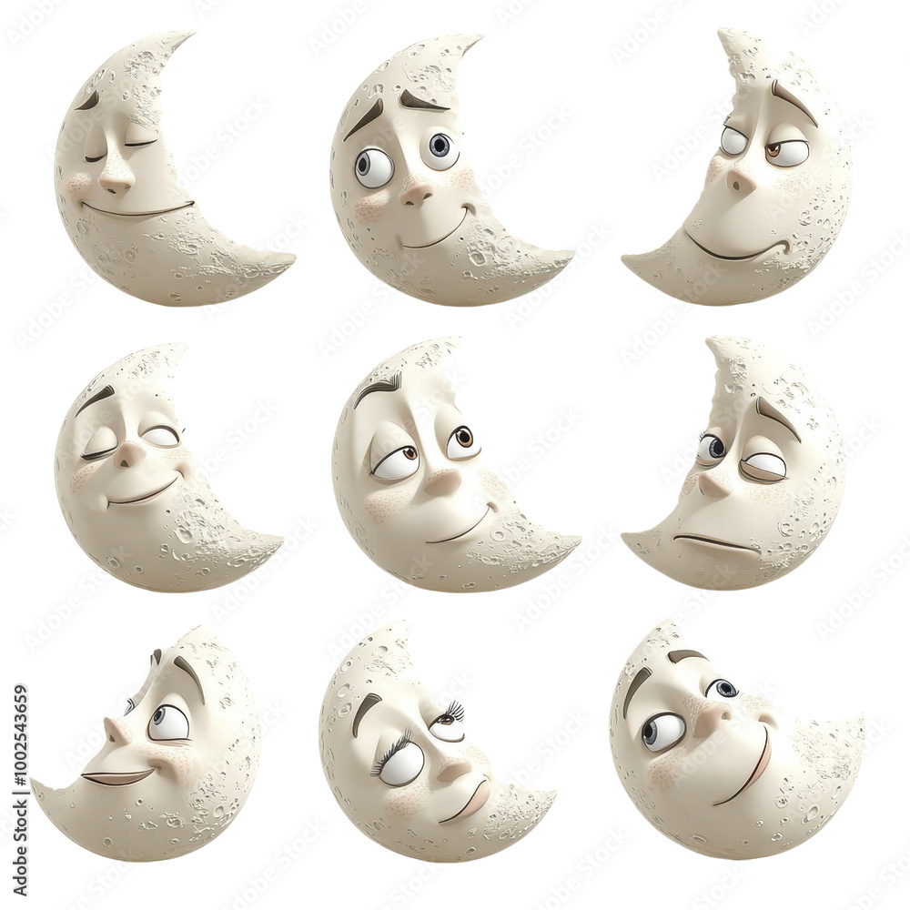 Poster playful moon character with various expressions, perfect for whimsical designs and illustrations., i
