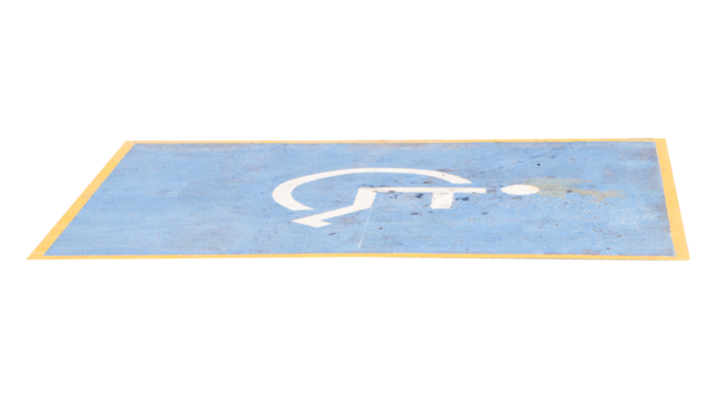 Parking space for disabled people with disabled blue sign painted on floor asphalt isolated on cut out PNG or transparent background.  Symbol facilitate disabled people in public areas.