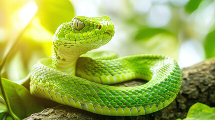 Fototapeta premium Symbol of 2025 new year green snake on a branch in the wild jungle