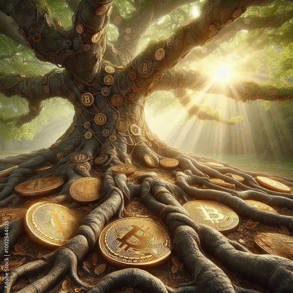 Poster a conceptual image of a tree with bitcoin coins growing from its branches, symbolizing the growth an