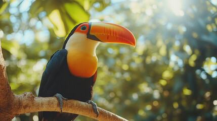 Obraz premium Beautiful toucan on a tree branch in the wild jungle