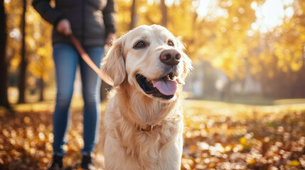 Dog on a walk with its owner in an autumn park