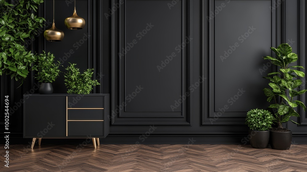 Poster modern grey gallery room with sleek drawer and empty frame mockup on wall