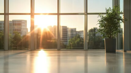 Naklejka premium Serene Modern Office Interior with Panoramic Windows and Soft Natural Lighting