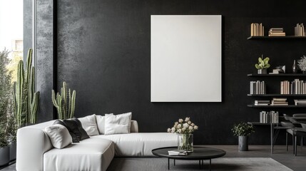 Modern Living Room with a White Couch and a Blank Canvas