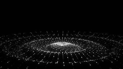 Futuristic wave. Dark cyberspace. Abstract music sound wave with dots. White moving particles on a black background. 3d rendering.