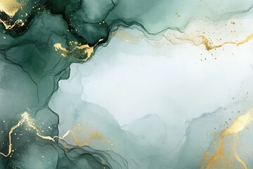 Abstract green and gold watercolor background with fluid shapes and organic lines.