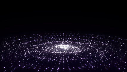 Futuristic wave. Dark cyberspace. Abstract music sound wave with dots. Purple moving particles on a black background. 3d rendering.