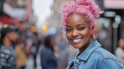 Charming young woman with pastel pink hair and a denim jacket, smiling on a bustling city street, radiating urban chic.
