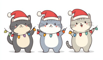 Three cats are holding Christmas lights and wearing Santa hats