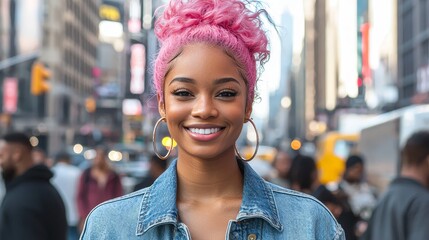 Fototapeta premium Charming young woman with pastel pink hair and a denim jacket, smiling on a bustling city street, radiating urban chic.