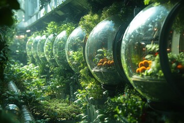 Futuristic Greenhouse with Transparent Spherical Plant Pods in Vertical Farming Setup