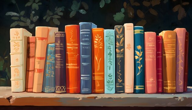 Color antique books lined up on a shelf