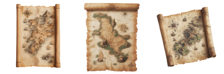 Set of Pirate map with a vintage scroll design isolated on a transparent background