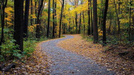 Obraz premium A forest trail covered in fallen leaves, winding between tall, majestic trees, inviting a quiet, reflective walk.