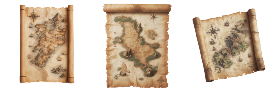 Set of Pirate map with a vintage scroll design isolated on a transparent background