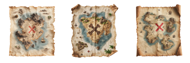 Set of Pirate's map with marked X for treasure isolated on a transparent background
