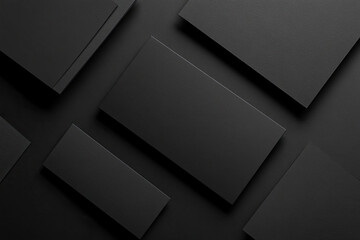  Black business cards on a black background mockup, top view. Black business card template design with blank space for a logo and text. Created with Ai