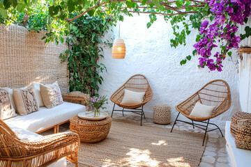 cozy outdoor nook with rattan furniture, textured throw pillows, and woven rugs with bougainvillea climbing whitewashed wall