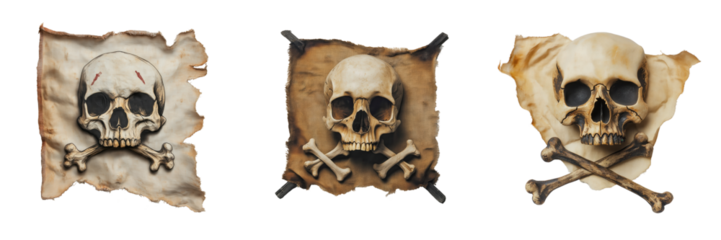 Set of skull and crossbones flag with tattered edges isolated on a transparent background