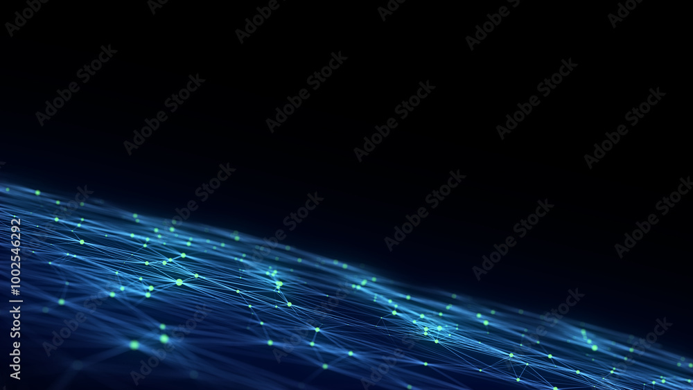 Poster abstract technology wave of particles. big data visualization. background with motion dots. artifici