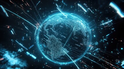 Fototapeta premium A futuristic concept of a globe surrounded by satellite orbits and digital communications beams, representing global telecom networks.