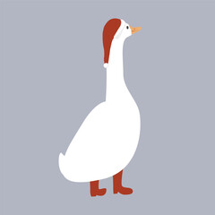 Cute funny cartoon goose in Santa Claus hat and red boots. Merry Christmas character vector illustration. Vector isolated illustration.