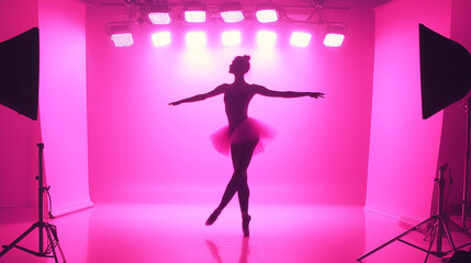 A ballerina in a pink studio stands en pointe under bright studio lights. Her silhouette is softly illuminated by pink tones, creating a graceful and delicate atmosphere