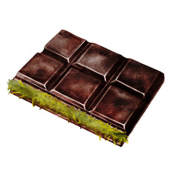 Chocolate Dubai watercolor. Hand drawn dark chocolate bar filled with kataifi and pistachio paste on isolated white background. Clip art of sweet dessert. Ideal for logo and packaging of sweets